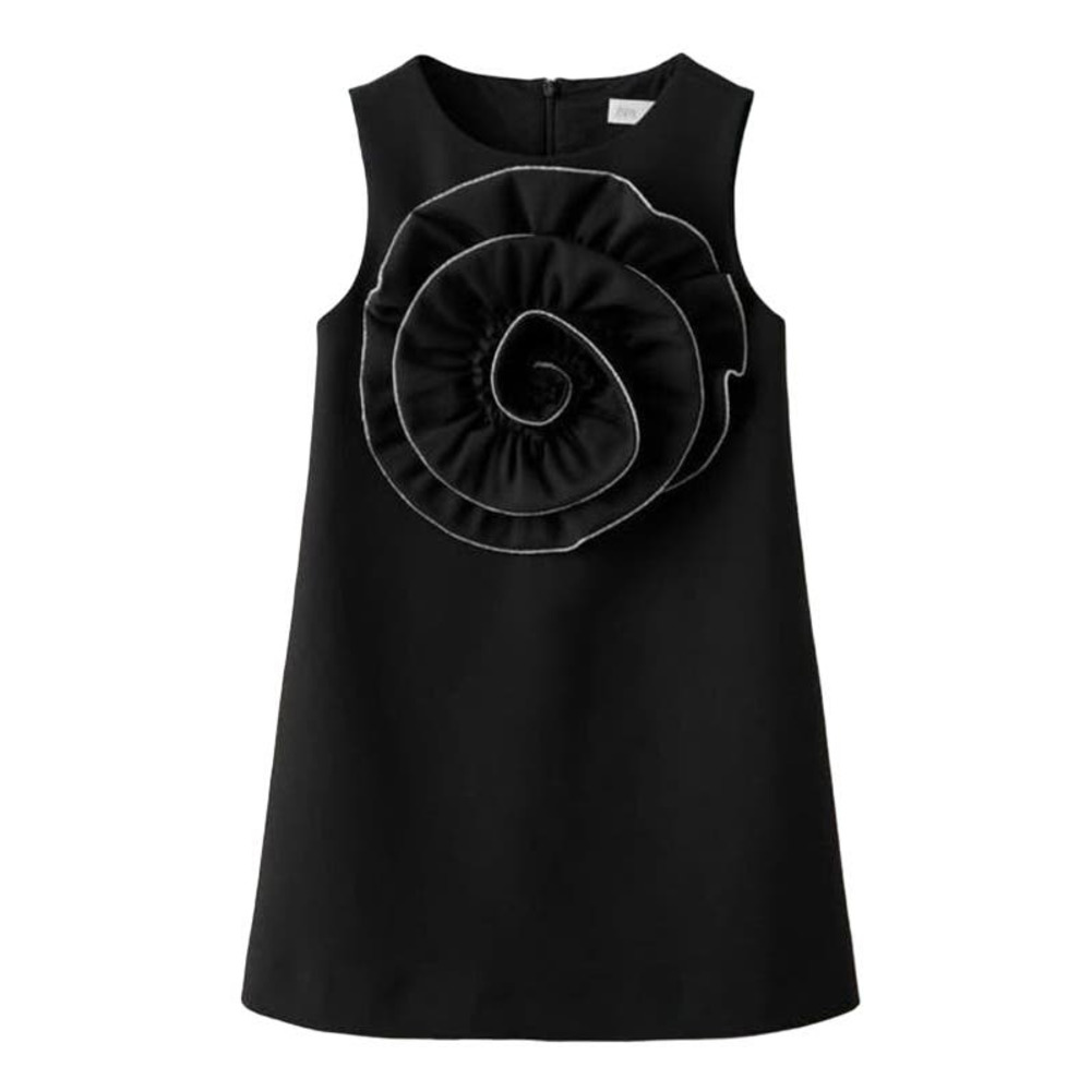 NEW! Zara Flower Applique Rhinestone Sleeveless Formal Black Dress Size …